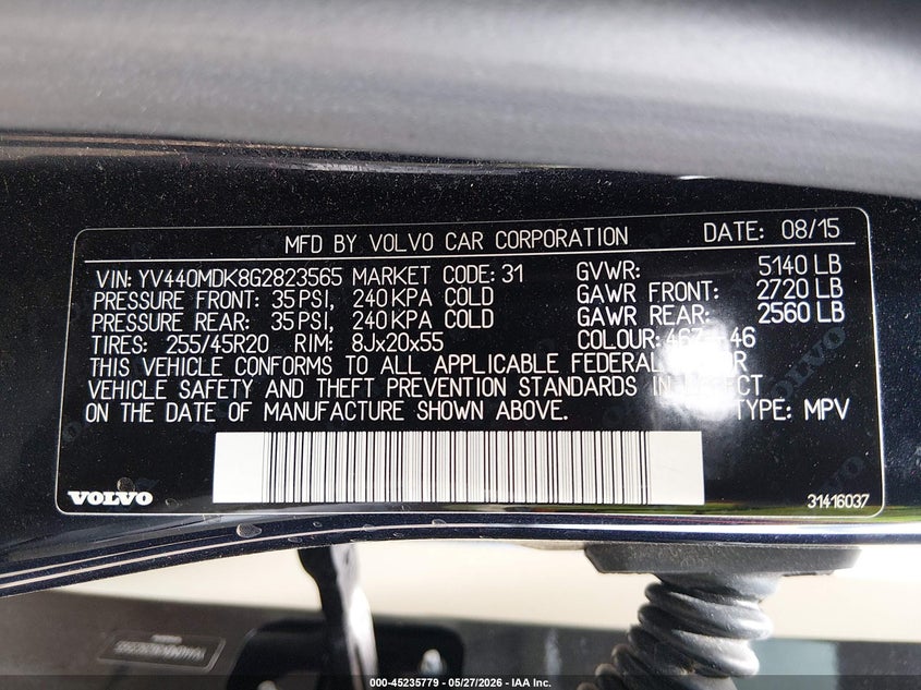 2016 Volvo Xc60 VIN YV440MDK8G2823565 IAAI salvage auction — RIGHT FRONT, Salvage Title, sold $1,825 on 2026-07-06 (photo 9)