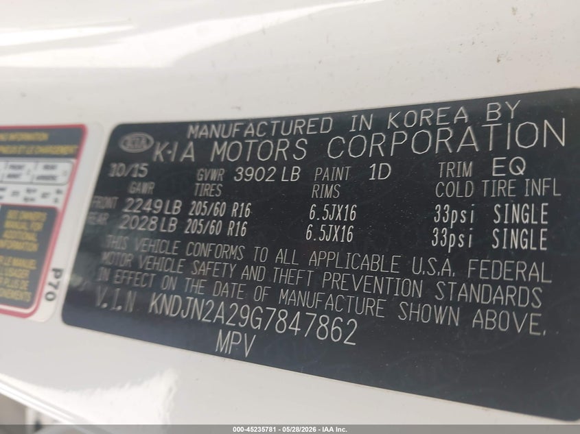 2016 Kia Soul VIN KNDJN2A29G7847862 IAAI salvage auction — SIDE, Salvage Title, sold $1,100 on 2026-07-14 (photo 9)