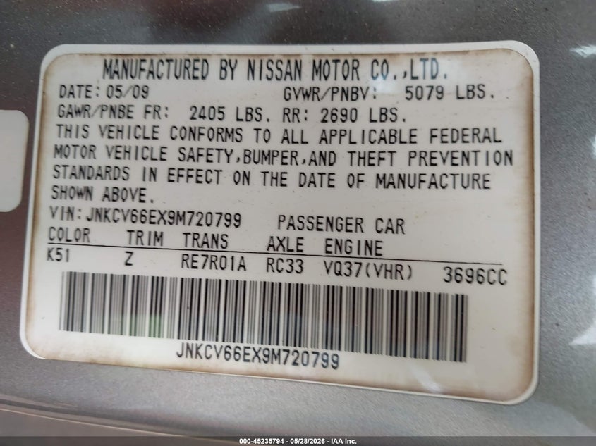 2009 Infiniti G37 VIN JNKCV66EX9M720799 IAAI salvage auction — FRONT END, Salvage (Alabama), sold $475 on 2026-07-08 (photo 9)