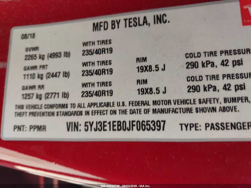 2018 Tesla Model 3 VIN 5YJ3E1EB0JF065397 IAAI salvage auction — RIGHT FRONT, Salvage Title, sold $5,200 on 2026-08-22 (photo 9)