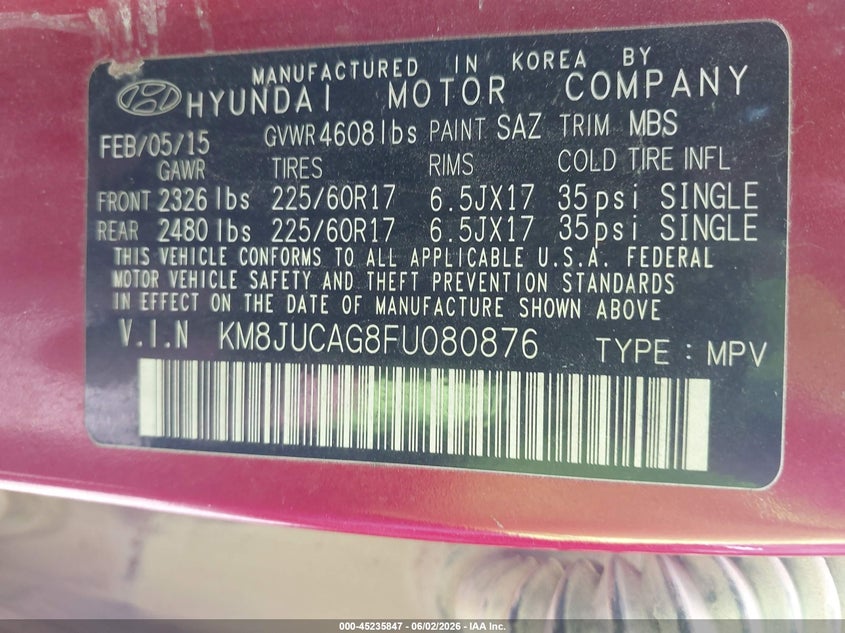 2015 Hyundai Tucson VIN KM8JUCAG8FU080876 IAAI salvage auction — NORMAL WEAR, Clear (Arkansas), sold $1,100 on 2026-07-16 (photo 9)