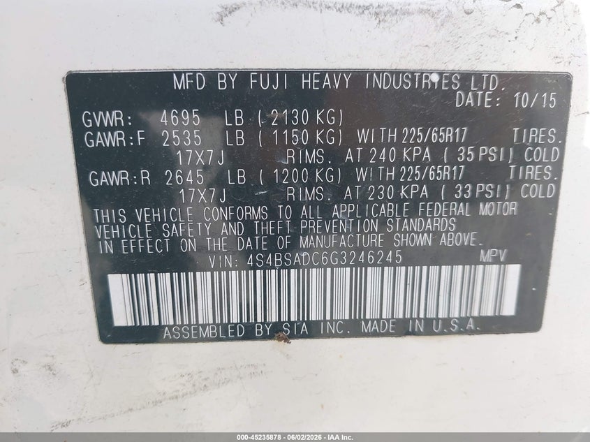 2016 Subaru Outback VIN 4S4BSADC6G3246245 IAAI salvage auction — SIDE, Salvage Title, sold $1,500 on 2026-07-09 (photo 9)