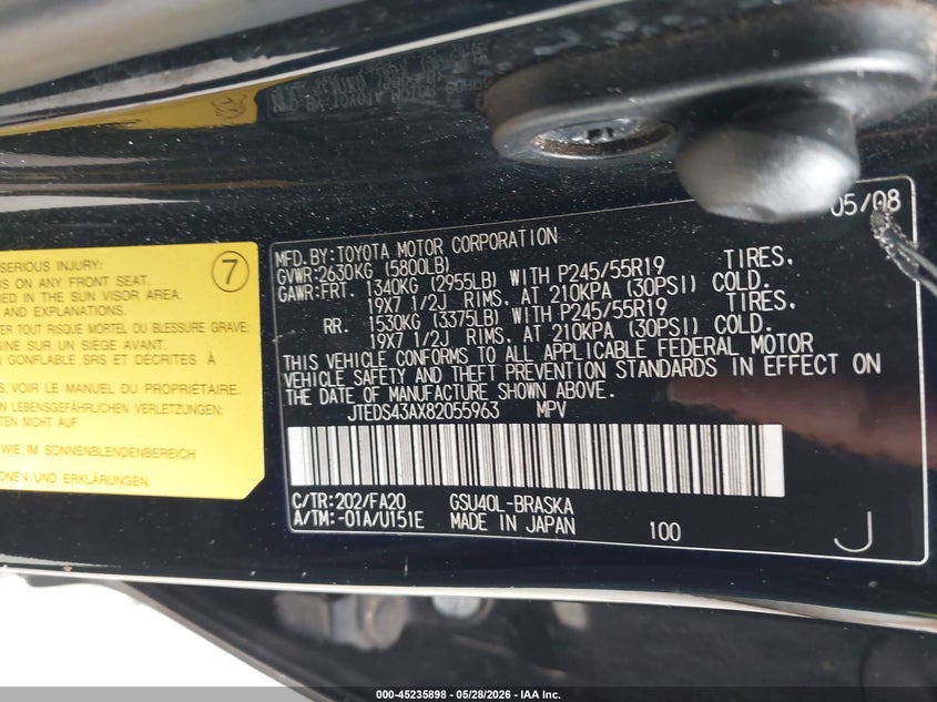 2008 Toyota Highlander VIN JTEDS43AX82055963 IAAI salvage auction — NORMAL WEAR, Clear (Florida), sold $2,125 on 2026-07-08 (photo 9)