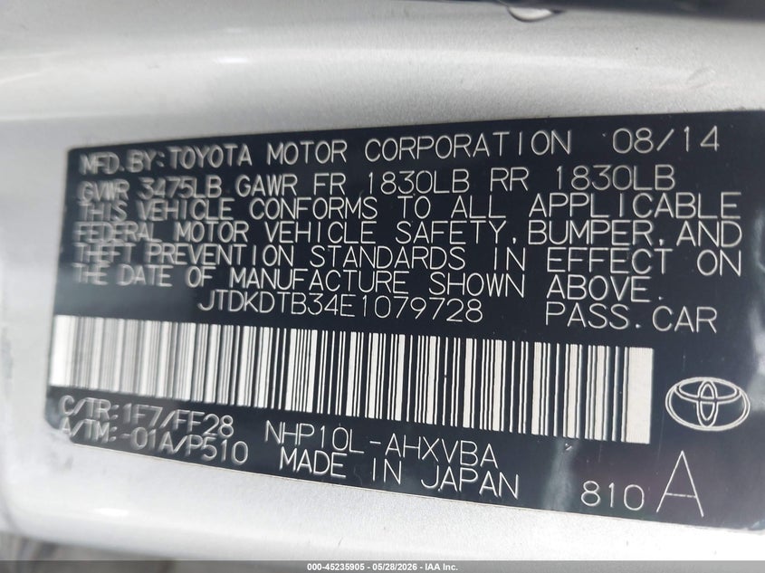 2014 Toyota Prius c VIN JTDKDTB34E1079728 IAAI salvage auction — REAR END, Salvage (South Carolina), sold $500 on 2026-07-08 (photo 9)