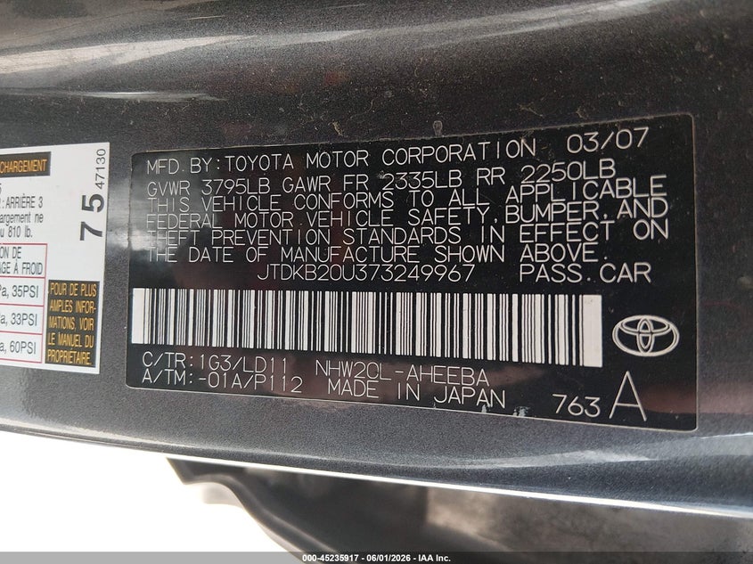2007 Toyota Prius VIN JTDKB20U373249967 IAAI salvage auction — FRONT END, Salvage (Ohio), sold $300 on 2026-07-29 (photo 9)