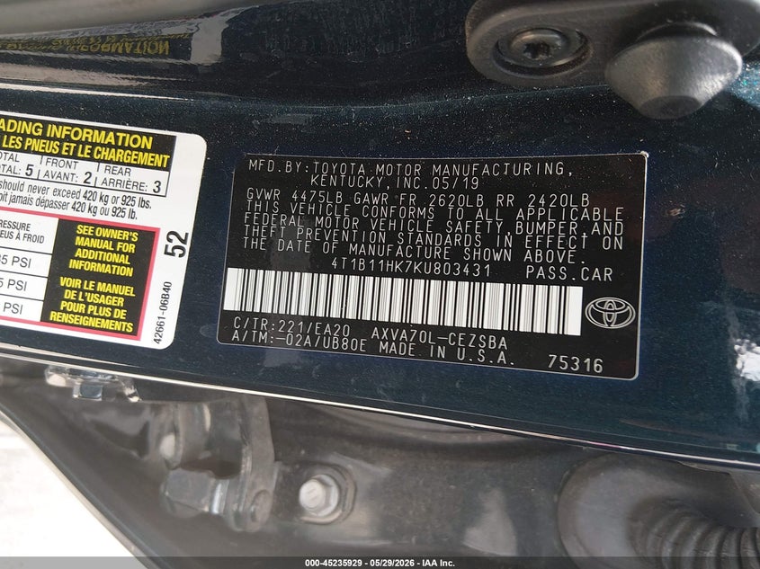 2019 Toyota Camry VIN 4T1B11HK7KU803431 IAAI salvage auction — FRONT END, Salvage Title, sold $1,050 on 2026-07-24 (photo 9)