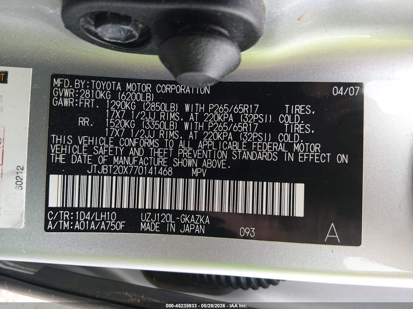 2007 Lexus Gx 470 VIN JTJBT20X770141468 IAAI salvage auction — LEFT SIDE, Salvage (Alabama), sold $2,300 on 2026-07-29 (photo 9)