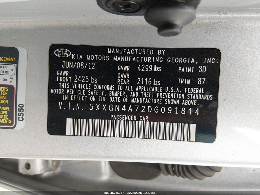 2013 Kia Optima VIN 5XXGN4A72DG091814 IAAI salvage auction — ROLLOVER, Salvage Title, sold $350 on 2026-07-22 (photo 9)