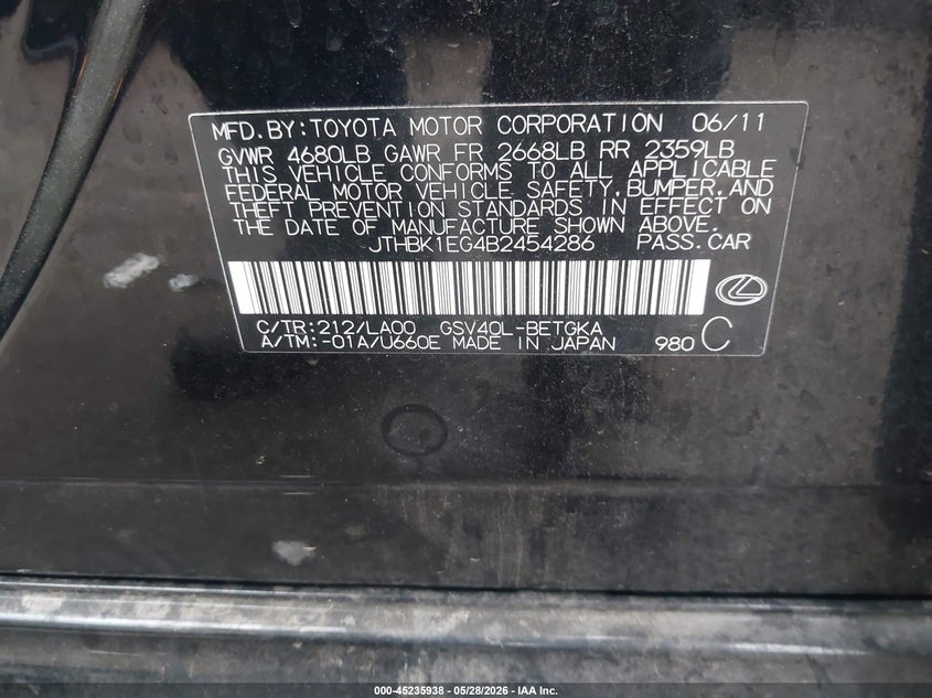 2011 Lexus Es 350 VIN JTHBK1EG4B2454286 IAAI salvage auction — FRONT END, Clear (Oklahoma), sold $1,850 on 2026-08-01 (photo 9)