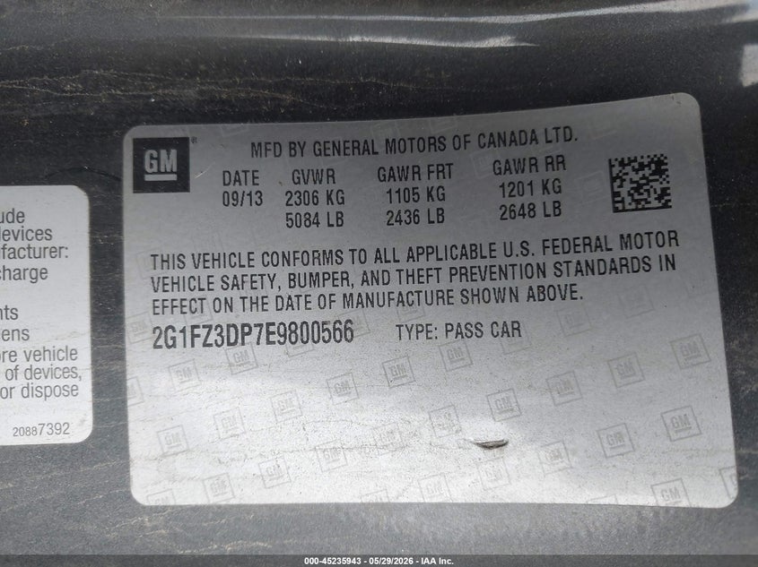 2014 Chevrolet Camaro VIN 2G1FZ3DP7E9800566 IAAI salvage auction — MECHANICAL, Salvage Title, sold $7,100 on 2026-07-29 (photo 9)