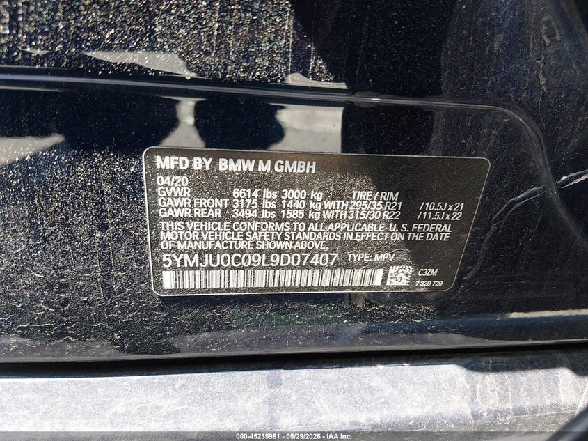 2020 BMW X5 m VIN 5YMJU0C09L9D07407 IAAI salvage auction — LEFT & RIGHT, Salvage Title, sold $27,350 on 2026-07-13 (photo 9)