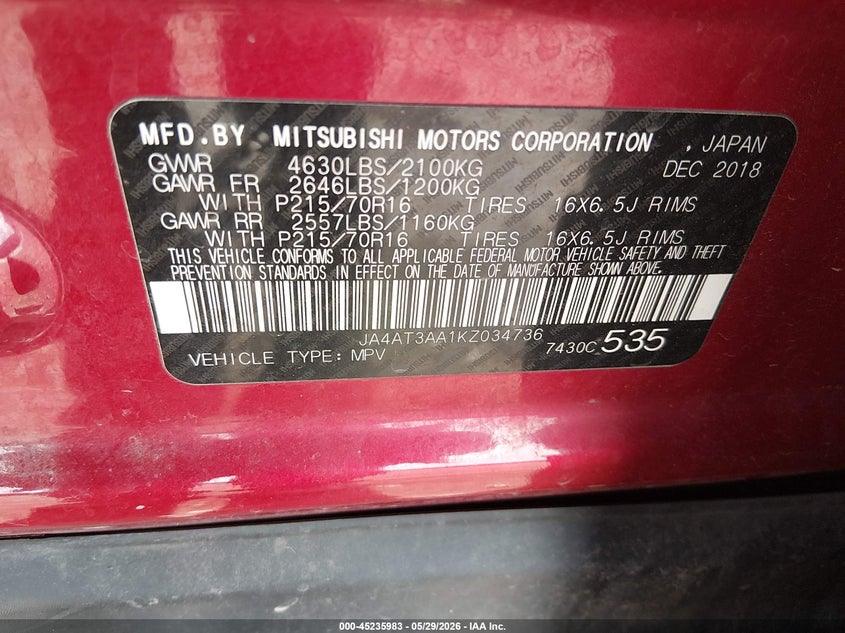 2019 Mitsubishi Eclipse cross VIN JA4AT3AA1KZ034736 IAAI salvage auction — FRONT END, Salvage Title, sold $1,100 on 2026-07-22 (photo 9)