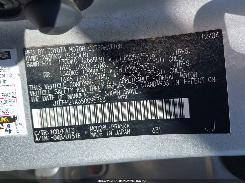 2005 Toyota Highlander VIN JTEEP21A350095368 IAAI salvage auction — SIDE, Clear (Virginia), sold $850 on 2026-07-13 (photo 9)