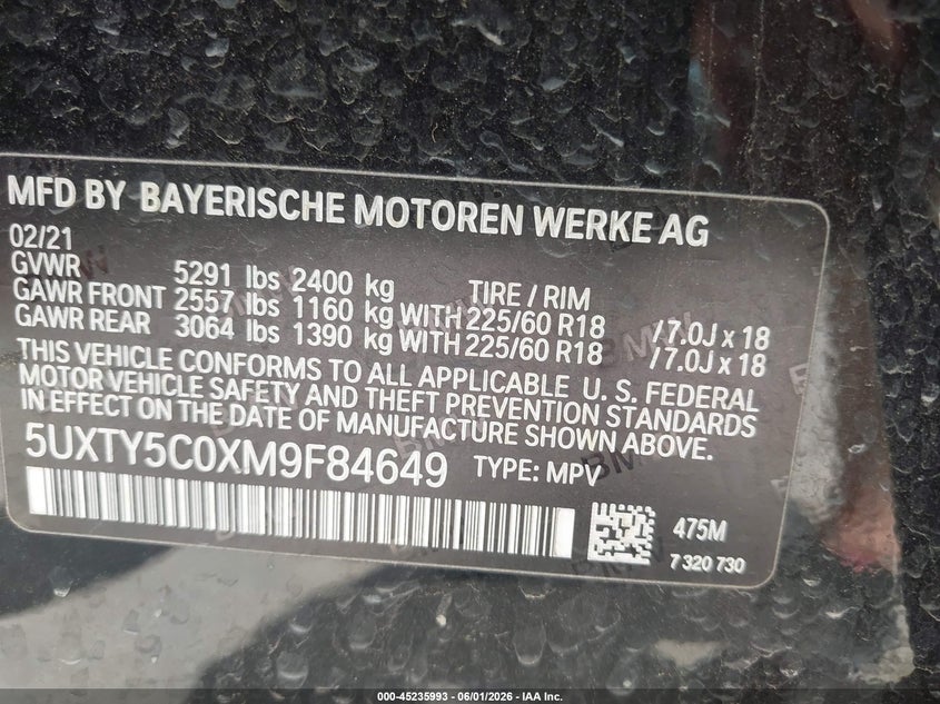 2021 BMW X3 VIN 5UXTY5C0XM9F84649 IAAI salvage auction — FRONT END, Salvage - Greater Than 75% (Maryland), sold $7,300 on 2026-07-29 (photo 9)