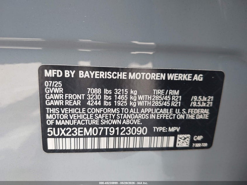 2026 BMW X7 VIN 5UX23EM07T9123090 IAAI salvage auction — FRONT END, Salvage Title, sold $53,775 on 2026-07-14 (photo 9)