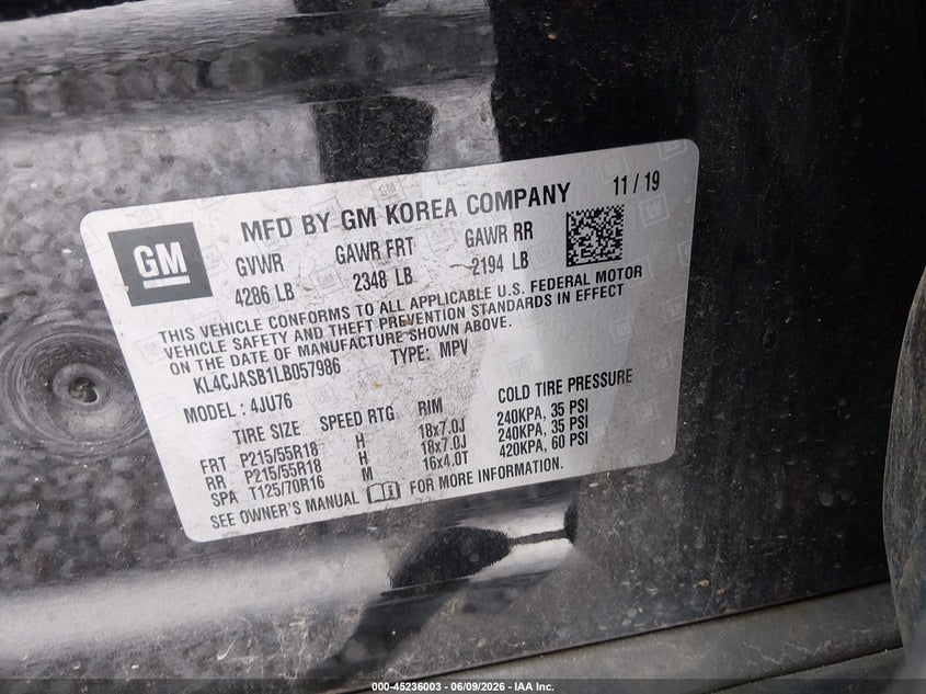 2020 Buick Encore VIN KL4CJASB1LB057986 IAAI salvage auction — FRONT END, Salvage Title, sold $525 on 2026-07-09 (photo 9)