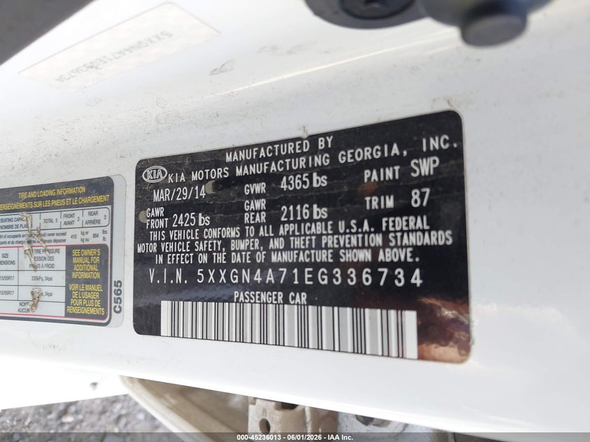 2014 Kia Optima VIN 5XXGN4A71EG336734 IAAI salvage auction — LEFT FRONT, Salvage Title, sold $350 on 2026-07-08 (photo 9)