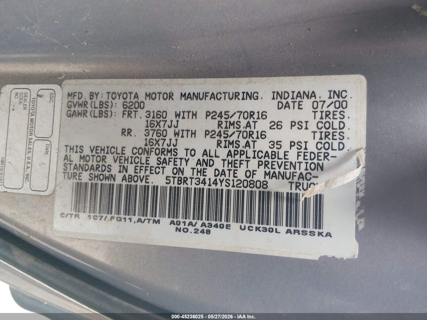 2000 Toyota Tundra VIN 5TBRT3414YS120808 IAAI salvage auction — NORMAL WEAR, Salvage (California), sold $750 on 2026-07-14 (photo 9)