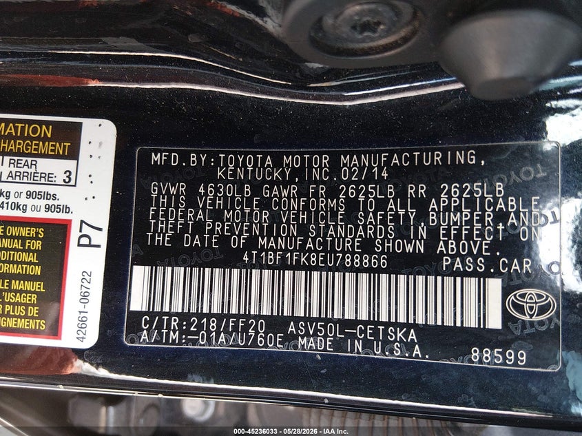 2014 Toyota Camry VIN 4T1BF1FK8EU788866 IAAI salvage auction — REAR END, Salvage Title, sold $1,950 on 2026-07-05 (photo 9)