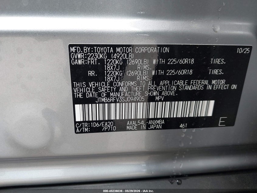 2025 Toyota Rav 4 VIN JTMB6RFV3SJ094905 IAAI salvage auction — REAR END, Salvage Title, sold $15,500 on 2026-07-29 (photo 9)