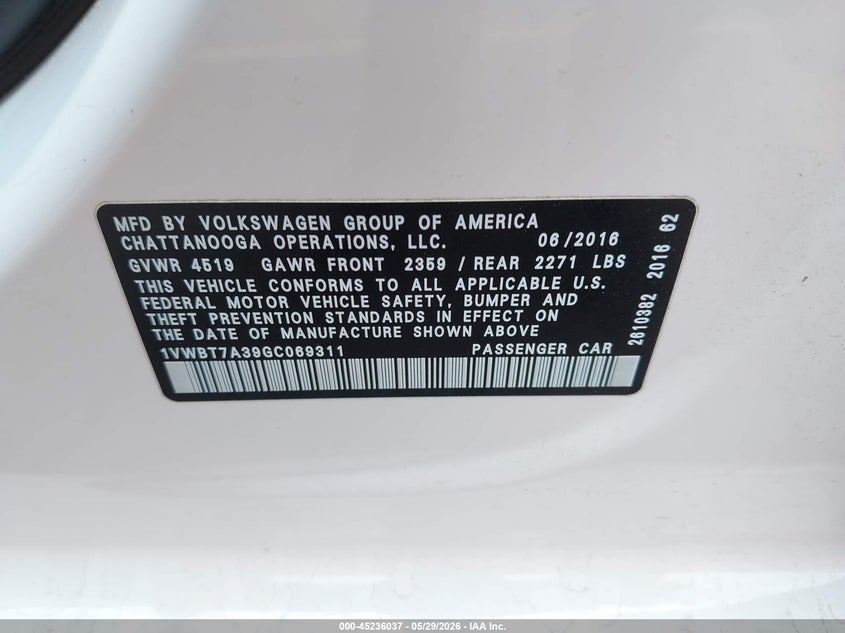 2016 Volkswagen Passat VIN 1VWBT7A39GC069311 IAAI salvage auction — FRONT END, Salvage (Oregon), sold $975 on 2026-08-21 (photo 9)