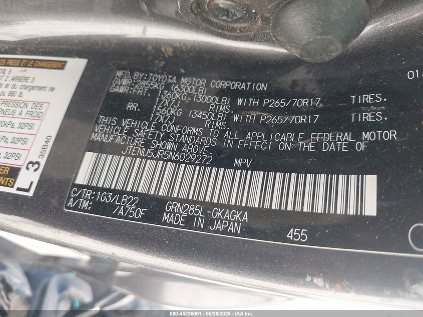 2022 Toyota 4runner VIN JTENU5JR5N6029272 IAAI salvage auction — ALL OVER, Salvage Title, sold $825 on 2026-07-16 (photo 9)