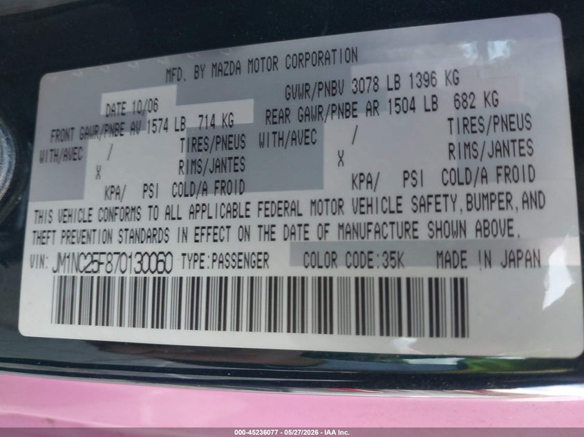 2007 Mazda Mx-5 miata VIN JM1NC25F870130060 IAAI salvage auction — FRONT END, Salvage (California), sold $300 on 2026-07-15 (photo 9)