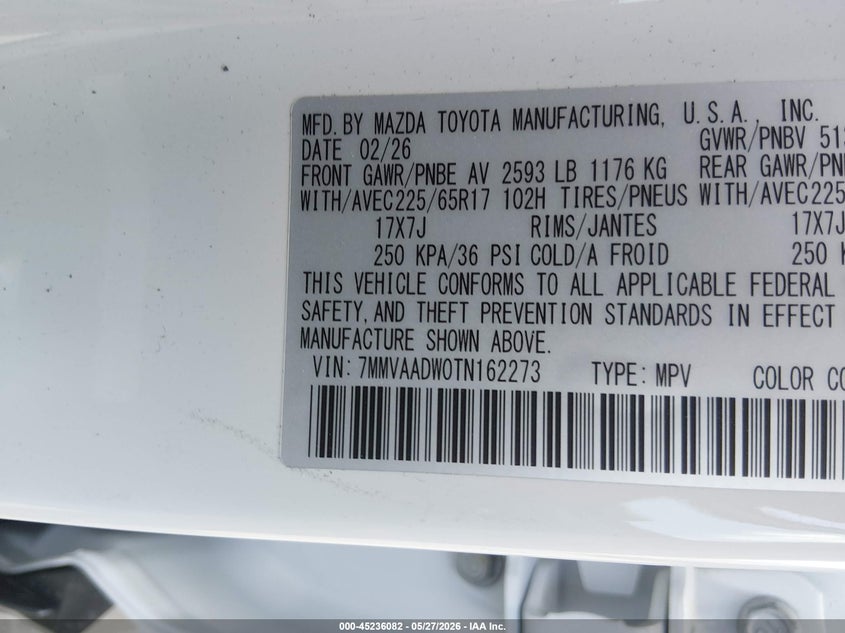 2026 Mazda VIN 7MMVAADW0TN162273 IAAI salvage auction — FRONT END, Salvage Title, sold $8,000 on 2026-07-13 (photo 9)