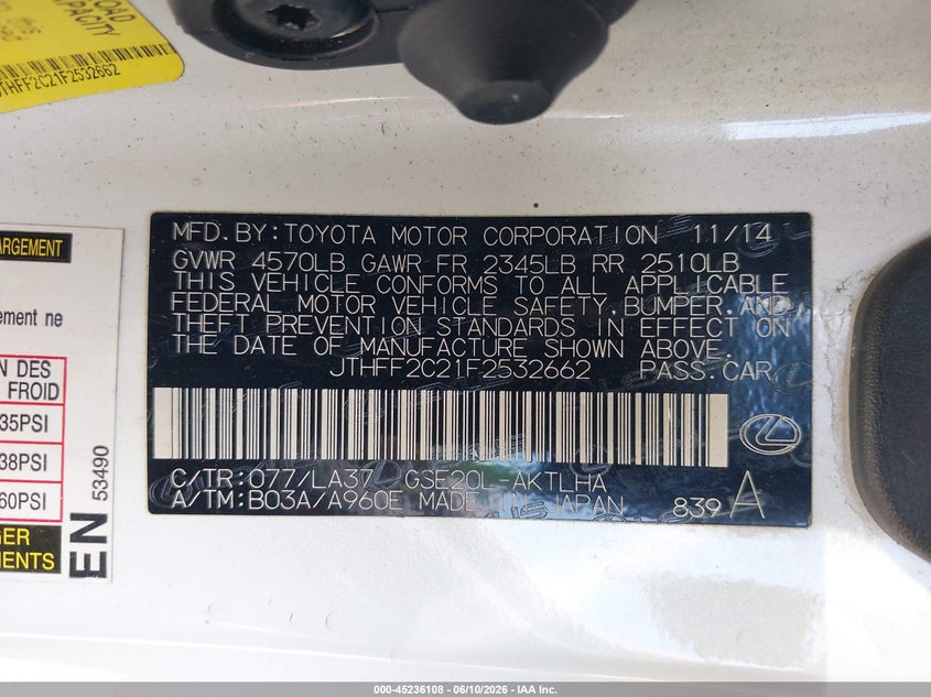 2015 Lexus Is VIN JTHFF2C21F2532662 IAAI salvage auction — FRONT END, Mv-907A (New York), sold $2,675 on 2026-07-14 (photo 9)