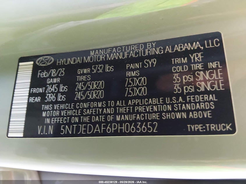 2023 Hyundai Santa cruz VIN 5NTJEDAF6PH063652 IAAI salvage auction — RIGHT REAR, Salvage (Arizona), sold $8,950 on 2026-07-21 (photo 9)