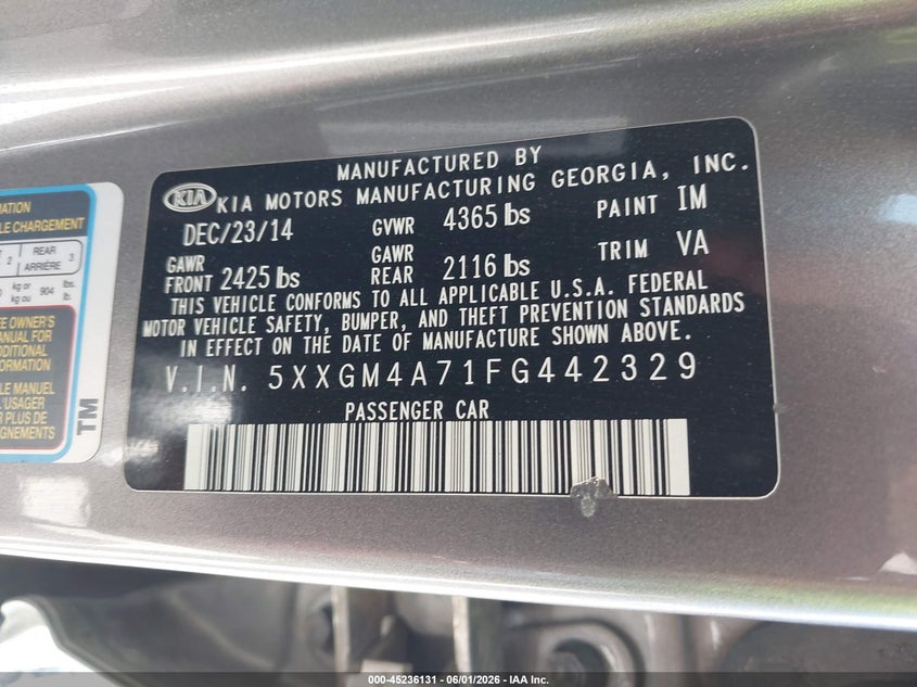 2015 Kia Optima VIN 5XXGM4A71FG442329 IAAI salvage auction — FRONT END, Salvage (California), sold $25 on 2026-07-30 (photo 9)