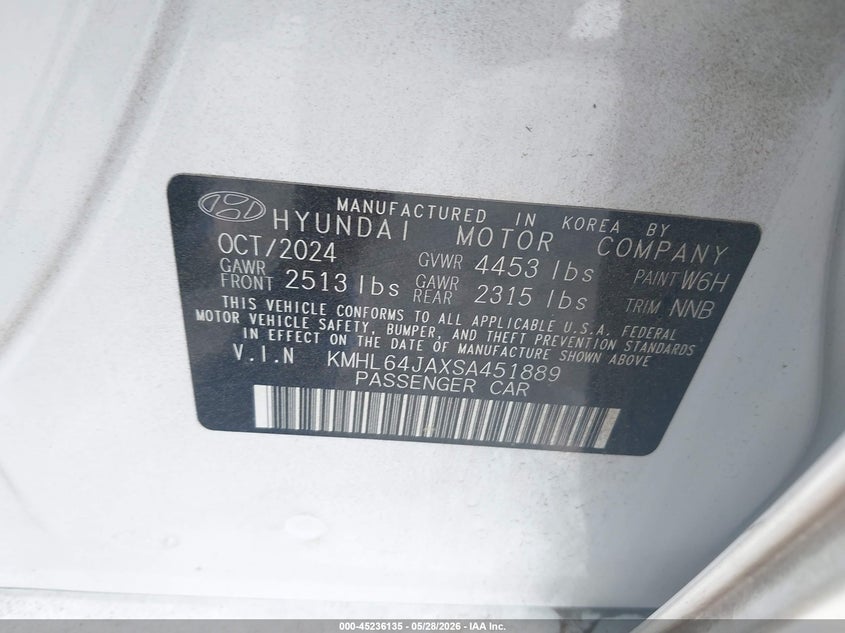 2025 Hyundai Sonata VIN KMHL64JAXSA451889 IAAI salvage auction — FRONT END, Salvage Title, sold $7,300 on 2026-07-14 (photo 9)