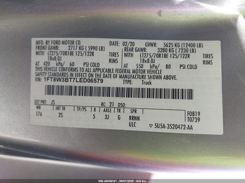 2020 Ford F350 VIN 1FT8W3BT7LED06579 IAAI salvage auction — LEFT SIDE, Salvage Title, sold $15,800 on 2026-07-08 (photo 8)
