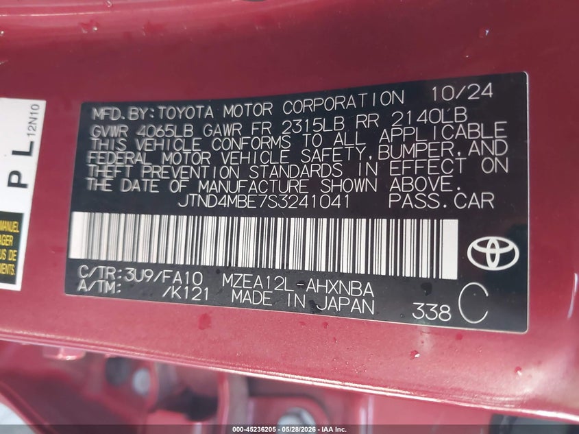 2025 Toyota Corolla VIN JTND4MBE7S3241041 IAAI salvage auction — RIGHT FRONT, Salvage (Arizona), sold $5,700 on 2026-07-28 (photo 9)