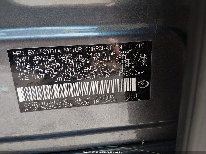 2016 Lexus Gs VIN JTHCZ1BL6GA000409 IAAI salvage auction — HAIL, Salvage (Ohio), sold $10,400 on 2026-07-21 (photo 9)