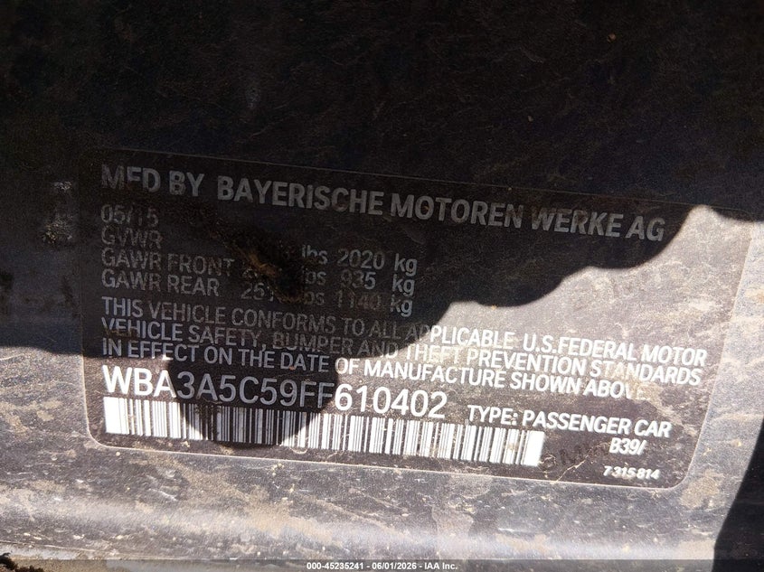 2015 BMW 3er VIN WBA3A5C59FF610402 IAAI salvage auction — RIGHT SIDE, Salvage Title, sold $550 on 2026-07-21 (photo 9)
