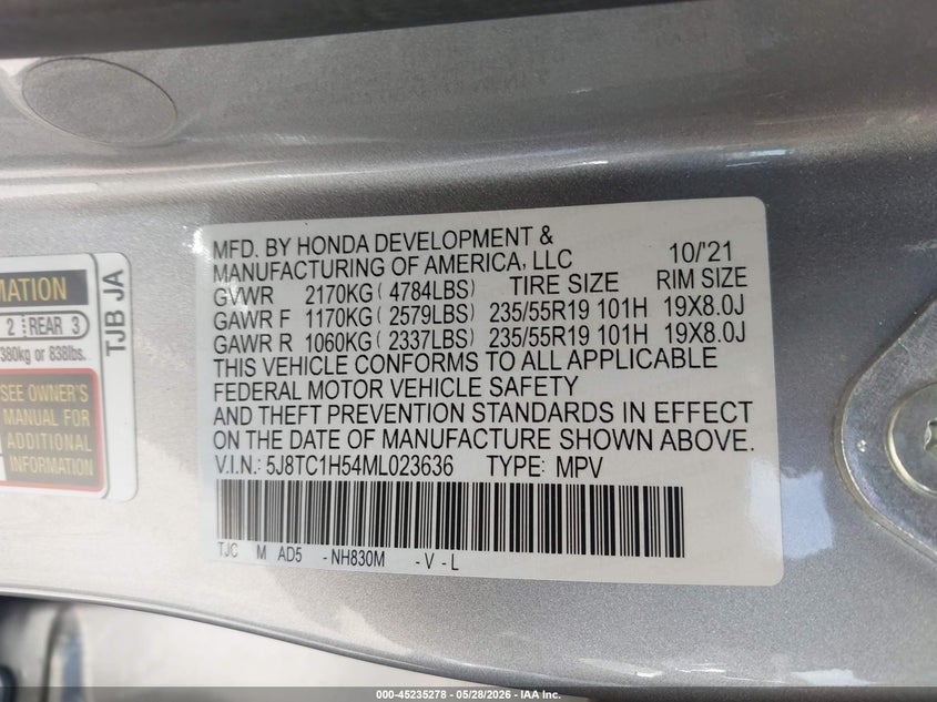 2021 Acura Rdx VIN 5J8TC1H54ML023636 IAAI salvage auction — FRONT END, Salvage Title, sold $4,300 on 2026-07-27 (photo 9)