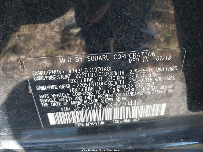 2019 Subaru Xv VIN JF2GTANC2KH230448 IAAI salvage auction — FRONT END, Salvage Title, sold $650 on 2026-07-22 (photo 9)