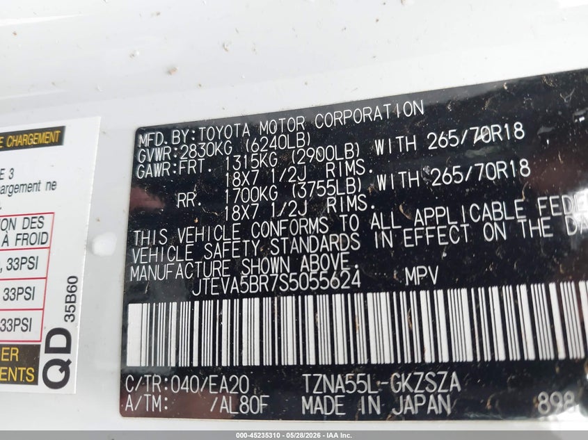 2025 Toyota 4runner VIN JTEVA5BR7S5055624 IAAI salvage auction — BIO HAZARD, Salvage Title, sold $11,500 on 2026-07-08 (photo 9)