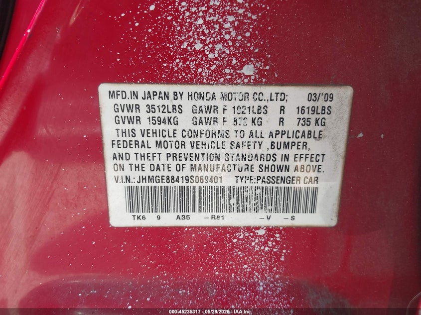 2009 Honda Fit VIN JHMGE88419S069401 IAAI salvage auction — FRONT END, Original (Texas), sold $725 on 2026-07-06 (photo 9)