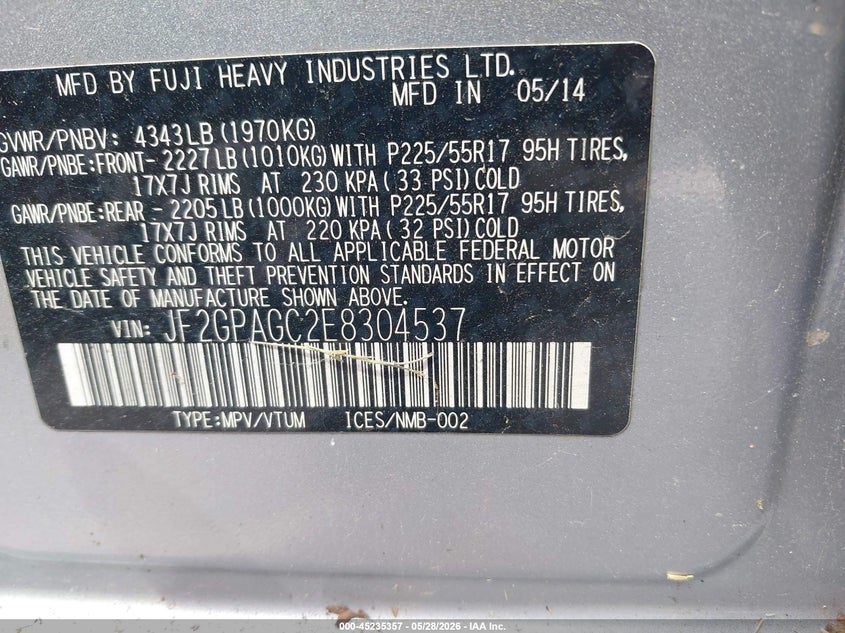 2014 Subaru Xv crosstrek VIN JF2GPAGC2E8304537 IAAI salvage auction — NORMAL WEAR, Original (Texas), sold $2,025 on 2026-07-13 (photo 9)