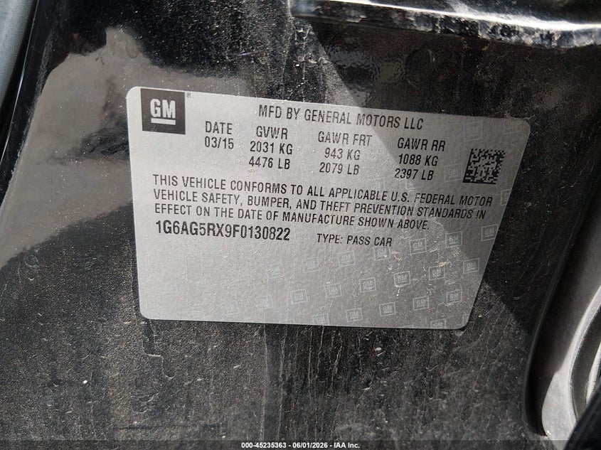 2015 Cadillac Ats VIN 1G6AG5RX9F0130822 IAAI salvage auction — REPOSSESSION, Salvage Title, sold $825 on 2026-07-10 (photo 9)