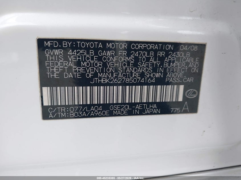 2008 Lexus Is 250 VIN JTHBK262785074164 IAAI salvage auction — LEFT SIDE, Salvage (California), sold $800 on 2026-07-29 (photo 9)
