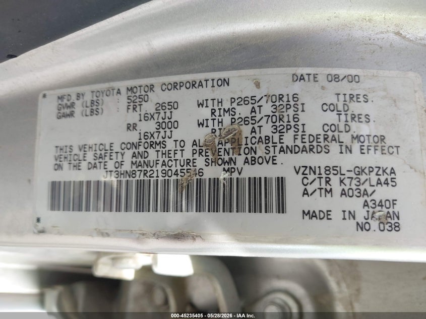 2001 Toyota 4runner VIN JT3HN87R219045546 IAAI salvage auction — NORMAL WEAR, Clear (Minnesota), sold $2,450 on 2026-07-20 (photo 9)