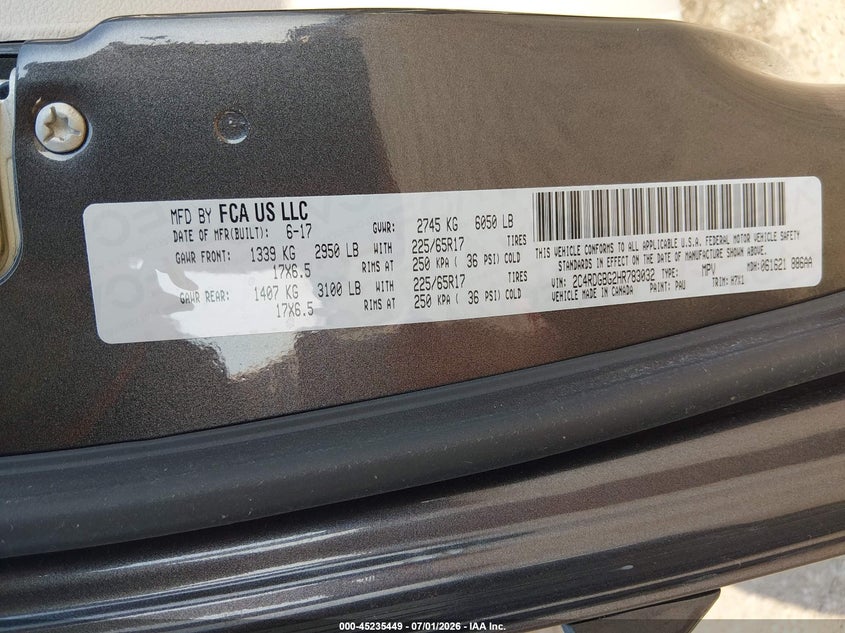 2017 Dodge Caravan VIN 2C4RDGBG2HR783032 IAAI salvage auction — NORMAL WEAR, Sf97 (Colorado), sold $12,100 on 2026-08-05 (photo 9)