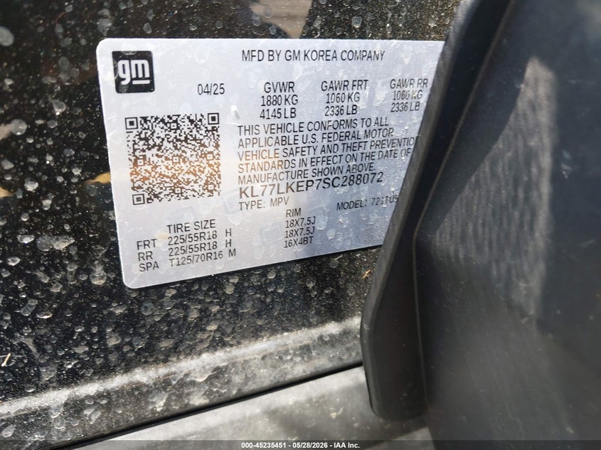 2025 Chevrolet Trax VIN KL77LKEP7SC288072 IAAI salvage auction — FRONT END, Scrap (Michigan), sold $2,100 on 2026-07-06 (photo 9)
