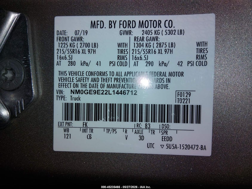 2020 Ford Transit connect VIN NM0GE9E22L1446712 IAAI salvage auction — FRONT END, Sf97 (Alabama), sold $7,200 on 2026-07-16 (photo 9)