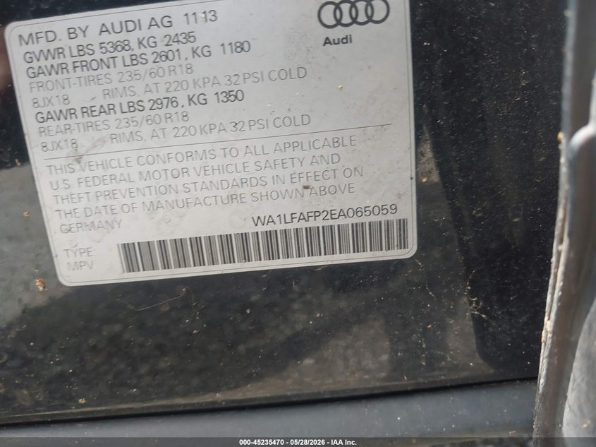 2014 Audi Q5 VIN WA1LFAFP2EA065059 IAAI salvage auction — NORMAL WEAR, Salvage Title, sold $975 on 2026-07-28 (photo 9)