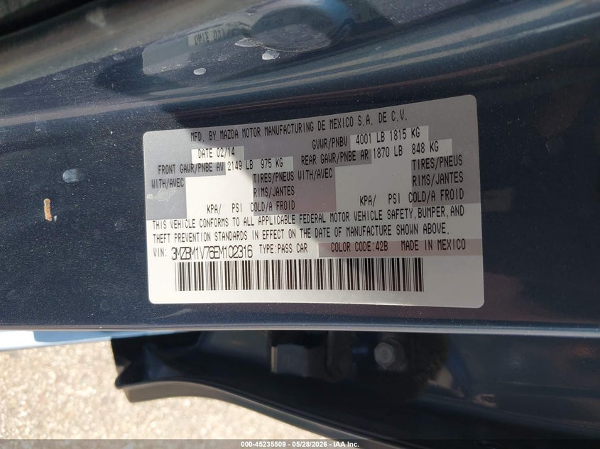 2014 Mazda 3 VIN 3MZBM1V76EM102316 IAAI salvage auction — ROOF, Salvage Title, sold $1,550 on 2026-07-20 (photo 9)