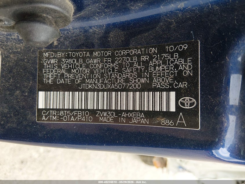 2010 Toyota Prius VIN JTDKN3DUXA5077200 IAAI salvage auction — ALL OVER, Salvage (Maine), sold $375 on 2026-07-13 (photo 9)
